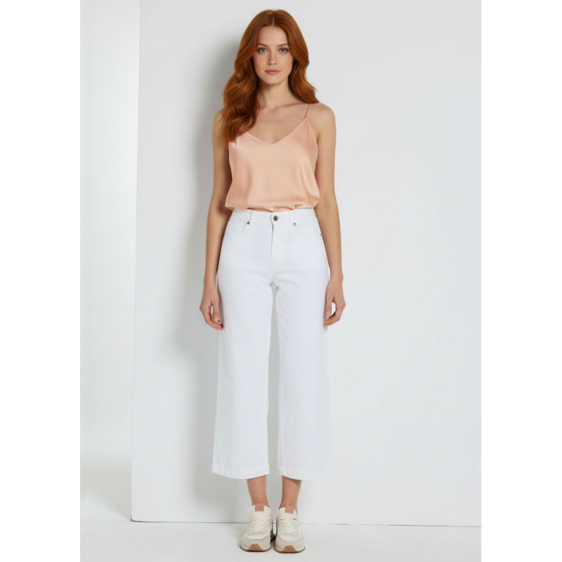Jeans droit large court taille haute blanc femme