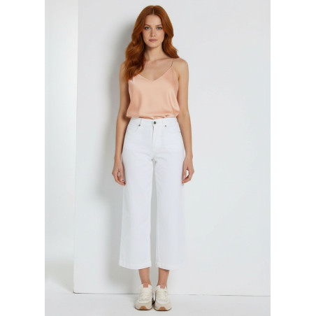 Jeans droit large court taille haute blanc femme