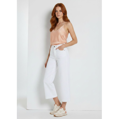 Jeans droit large court taille haute blanc femme