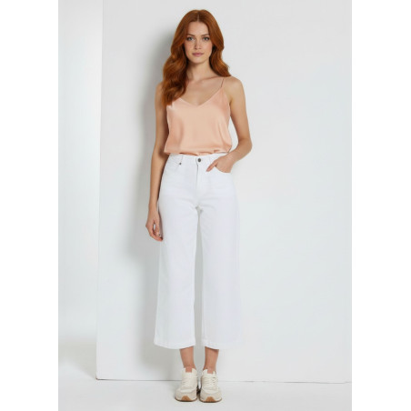 Jeans droit large court taille haute blanc femme