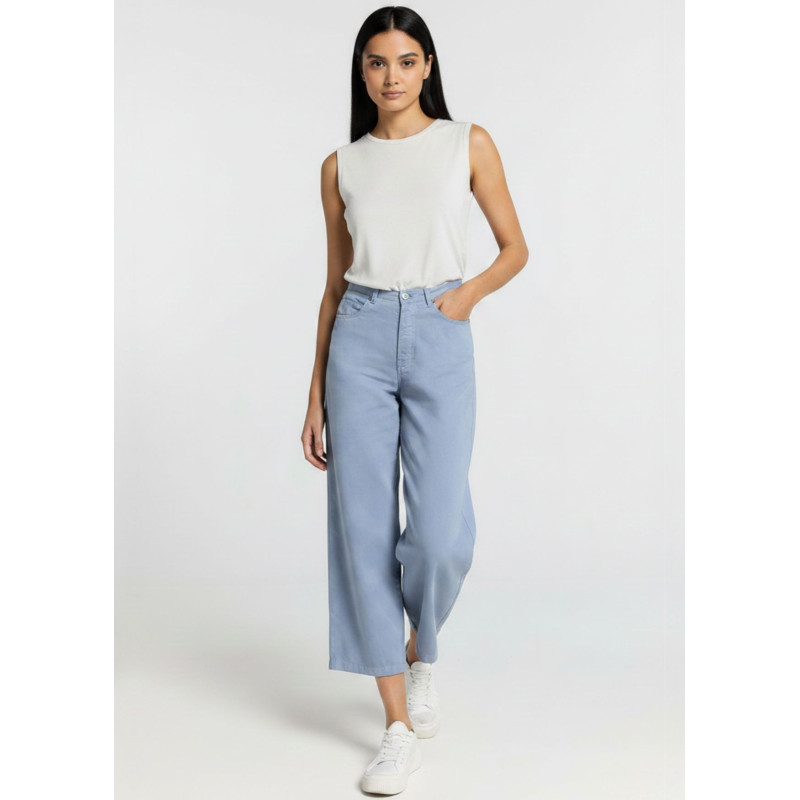 Jean large court en satin bleu femme cimarron aurora-pêche