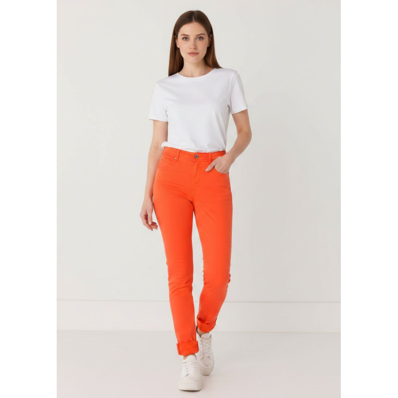 Pantalon slim satiné orange pêche femme cimarron