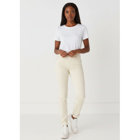Pantalon slim en satin taille haute femme pêche