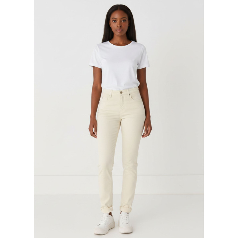 Pantalon slim en satin taille haute femme pêche