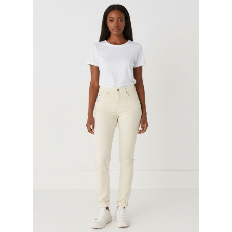 Pantalon slim en satin taille haute femme pêche