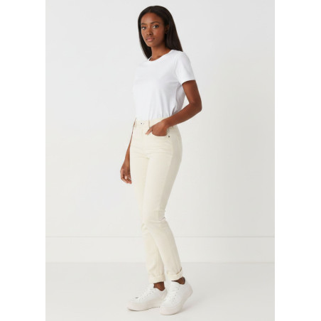 Pantalon slim en satin taille haute femme pêche