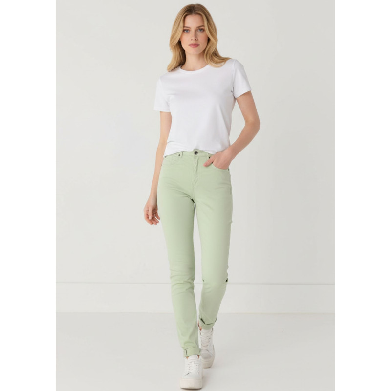 Pantalon slim satiné vert pastel femme cimarron