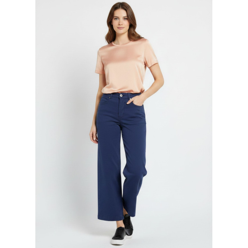 Jean large taille haute satin bleu marine femme