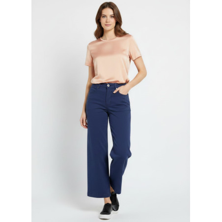 Jean large taille haute satin bleu marine femme