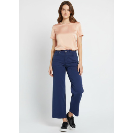 Jean large taille haute satin bleu marine femme