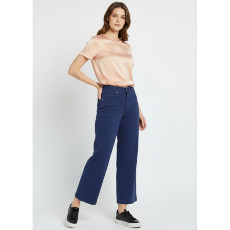 Jean large taille haute satin bleu marine femme