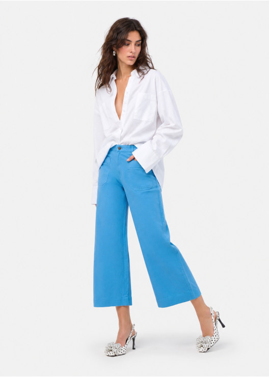 Pantalon large cropped bleu...