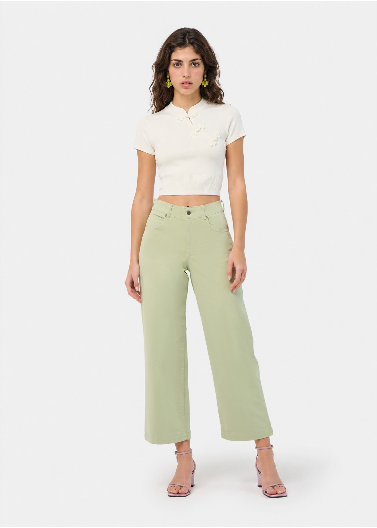 Jean large droit court vert aurora-enova femme