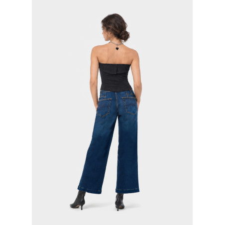 Jean droit large court bleu denim femme