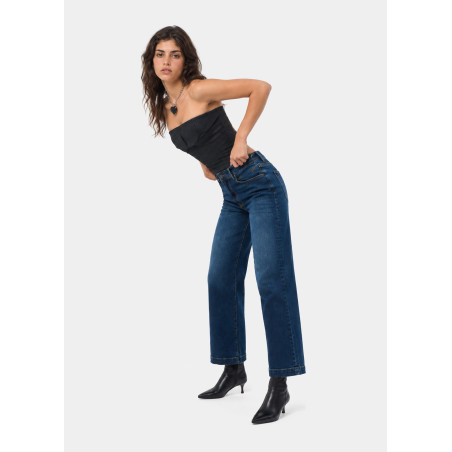 Jean droit large court bleu denim femme