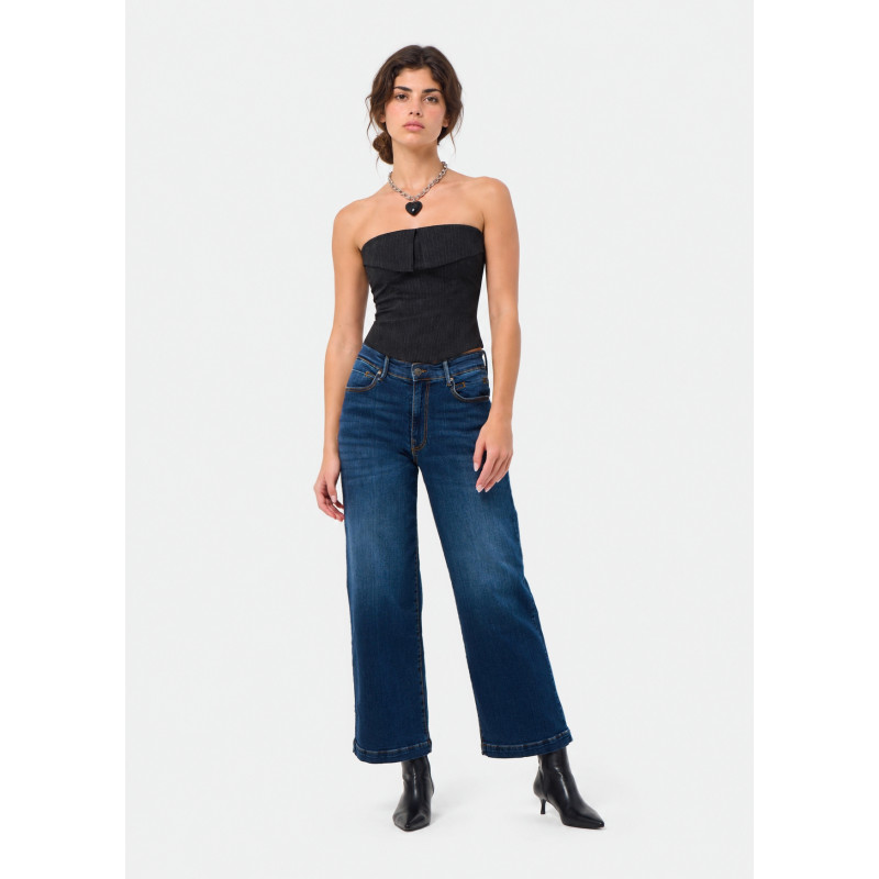 Jean droit large court bleu denim femme