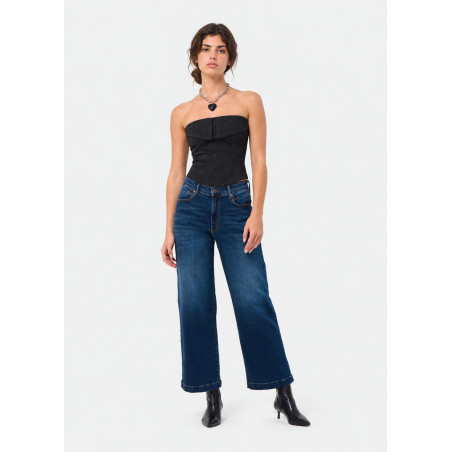 Jean droit large court bleu denim femme
