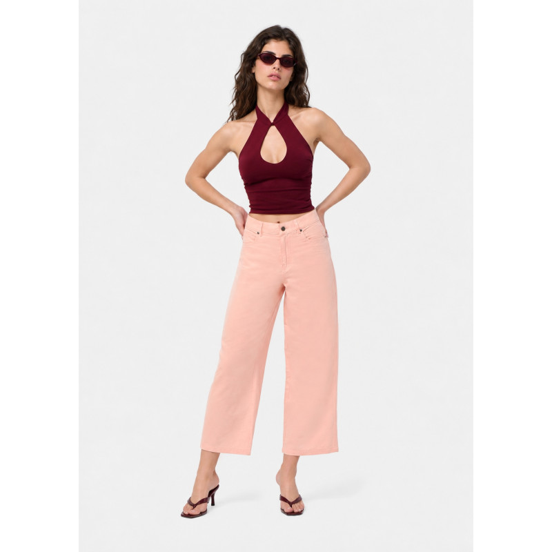 Jean large coupe droite cropped rose femme