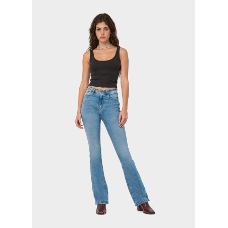 Jean bootcut taille haute bleu délavé femme