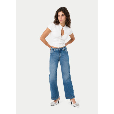Pantalon chino olivia-vade coupe droite jambe large femme bleu