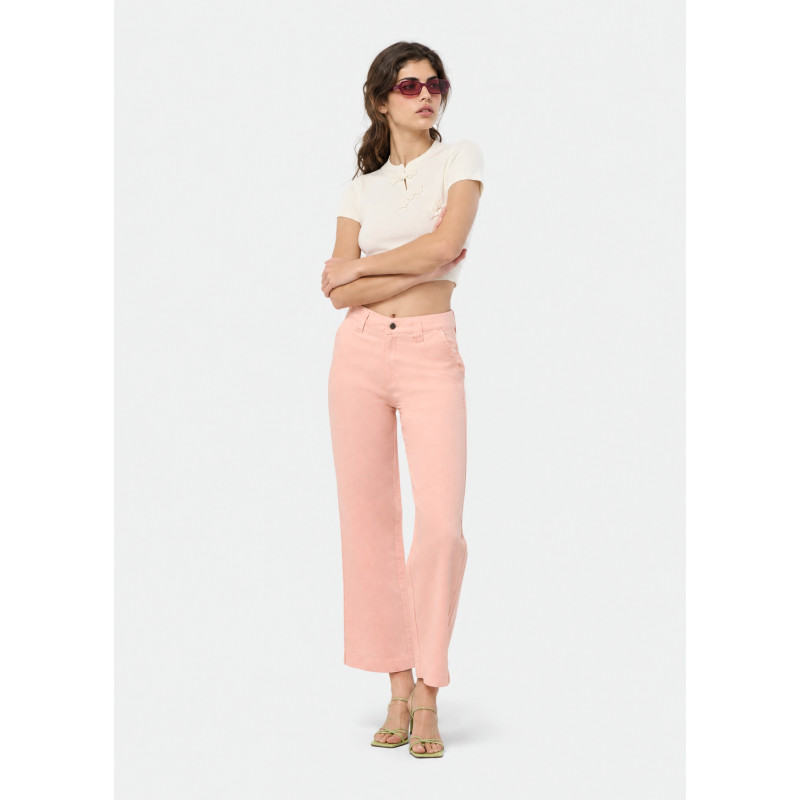 Pantalon chino taille haute coupe droite jambe large femme