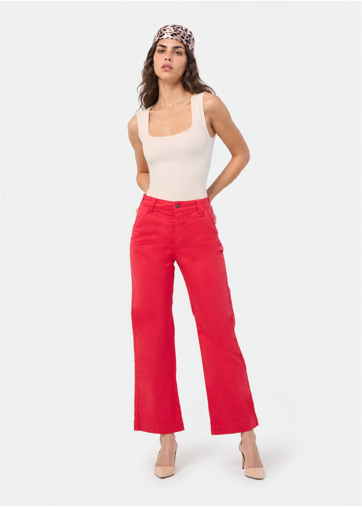 Pantalon chino olivia-senda jambe large taille haute femme rouge