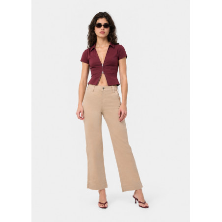 Pantalon chino beige taille haute jambe large femme