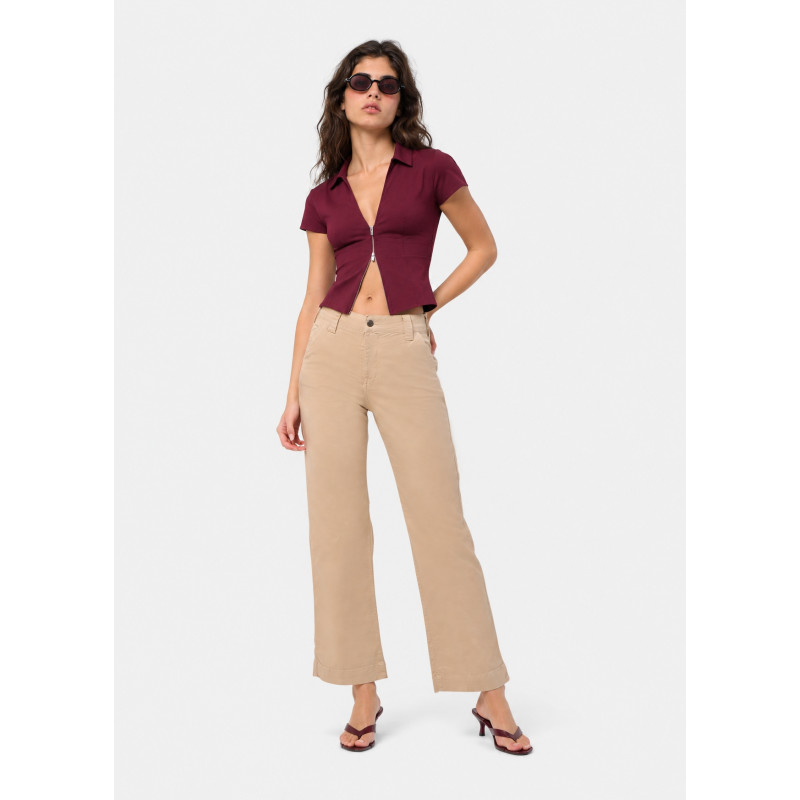 Pantalon chino beige taille haute jambe large femme
