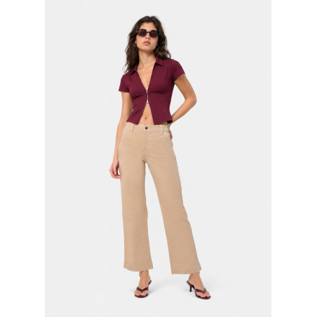 Pantalon chino beige taille haute jambe large femme